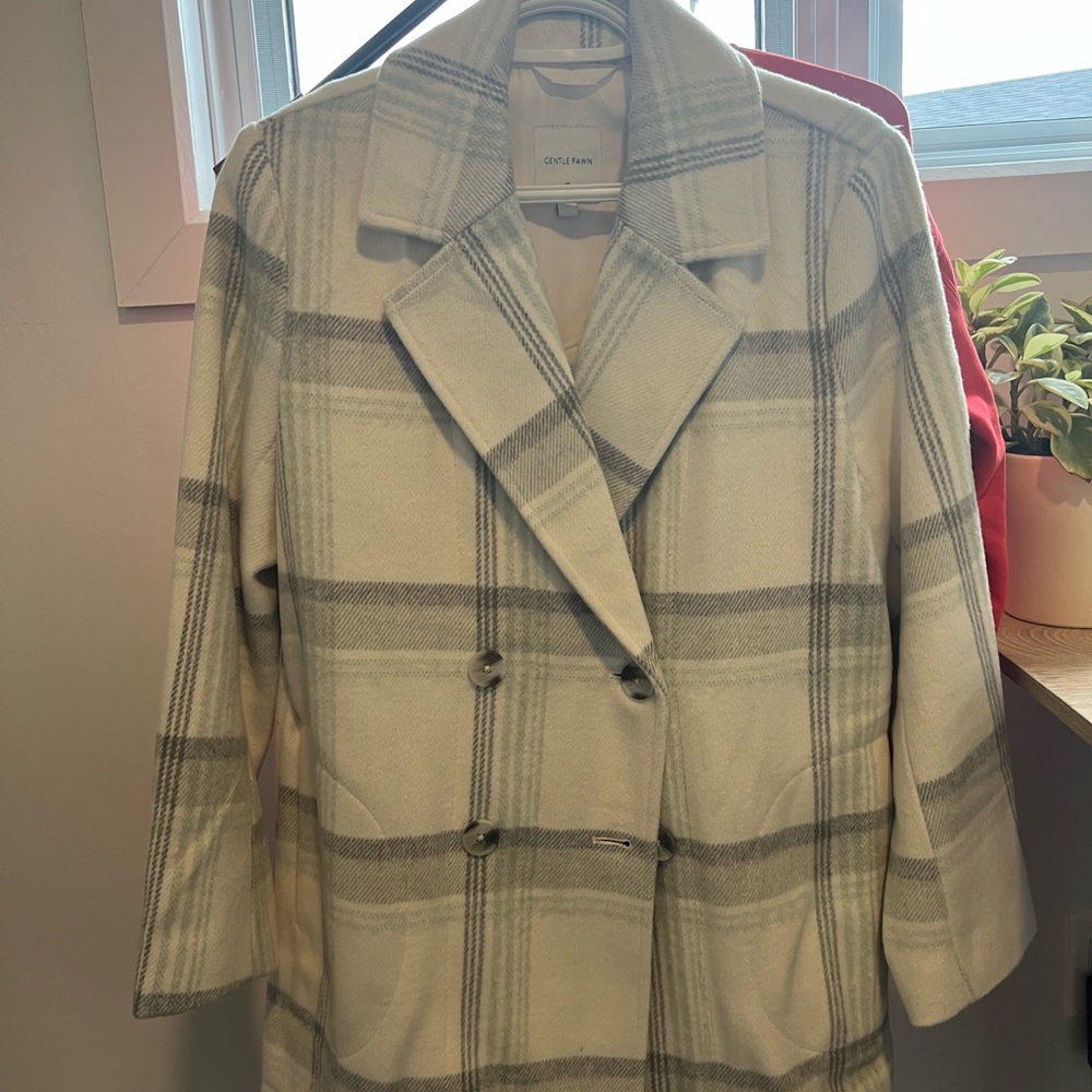 Gentle Fawn Cream and Gray Pea Coat with Classic Plaid Design